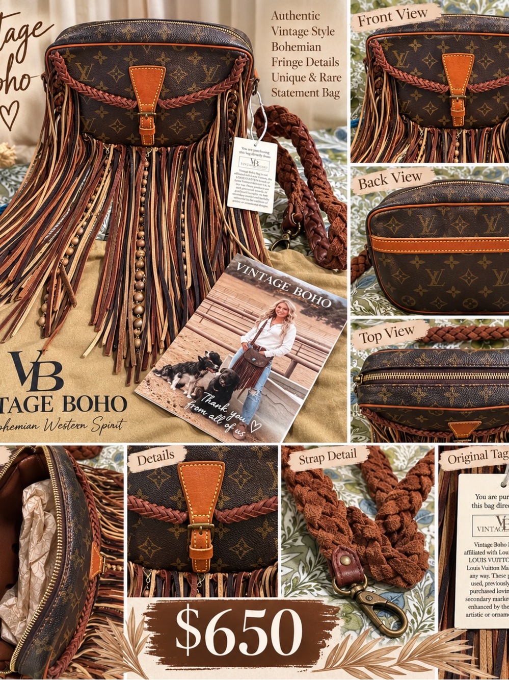 Vintage Boho Louis Vuitton Fringe Shoulder Bag with Tan Braided Strap